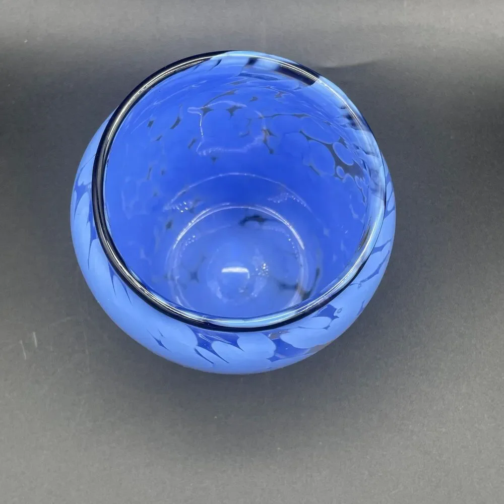 Vintage Blue Mottled Art Glass Tumbler Vase Set Hand Blown Rough Pontil Mark MCM